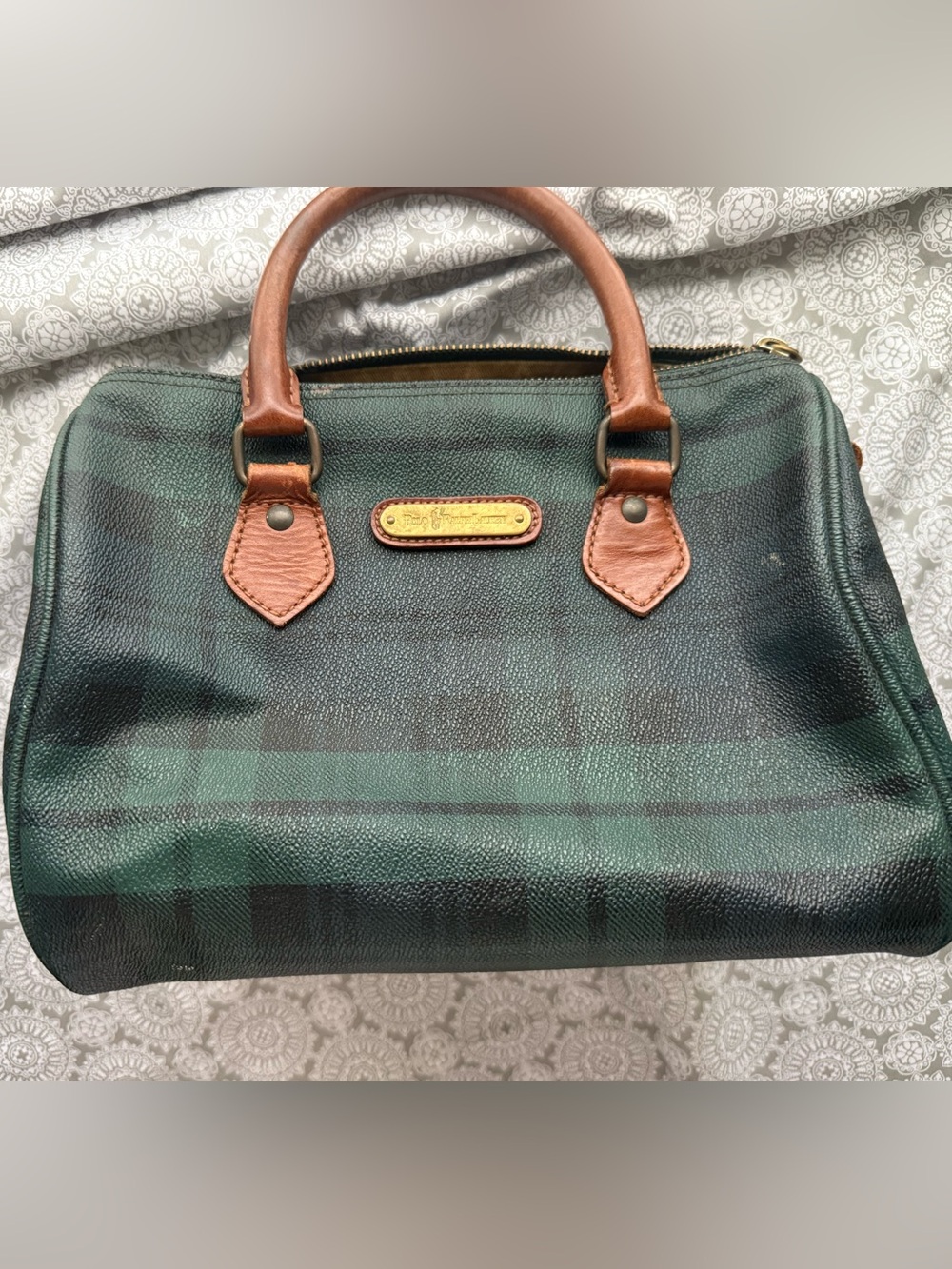 Vintage Polo Ralph Lauren Black Watch Plaid Boston Bag Leather